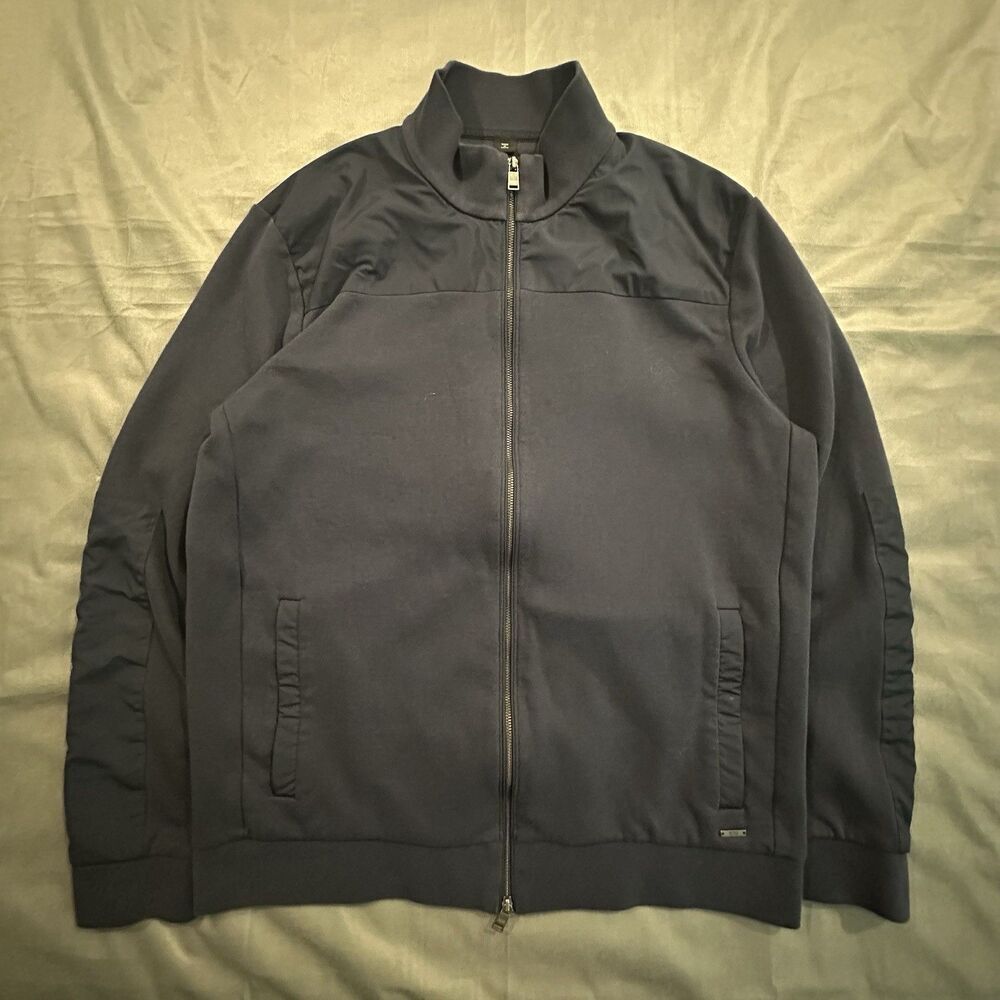 Hugo Boss Bomber Jacket Shepherd Mens L Navy Blue Padded Elbow 2 Tone Full Zip